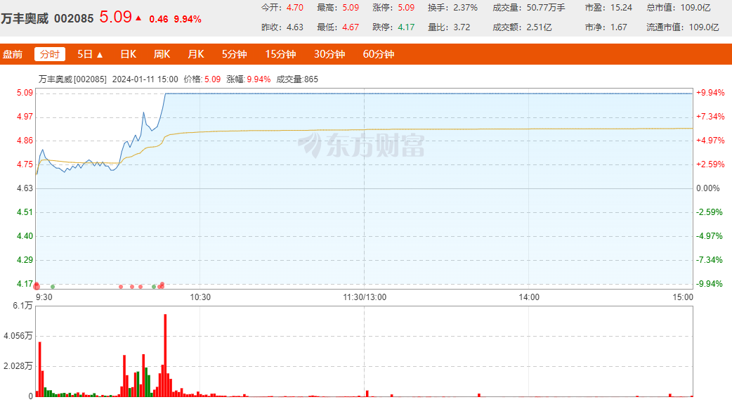 万丰奥威（002085）5月31日主力资金净卖出1.09亿元