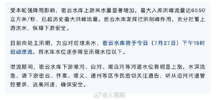 北京密云水库持续泄流 累计出库水量达1.8亿立方米