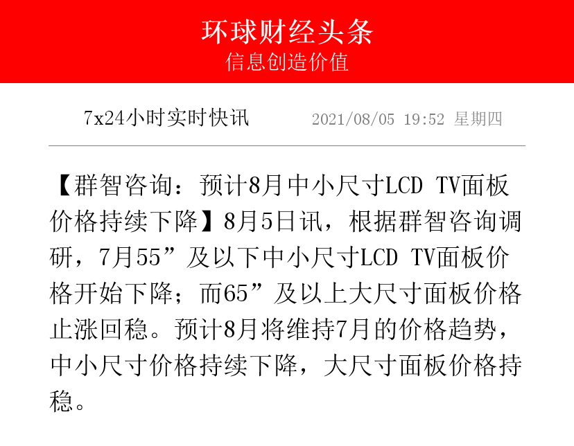 机构：12月LCD TV面板价格走势预计呈现分化